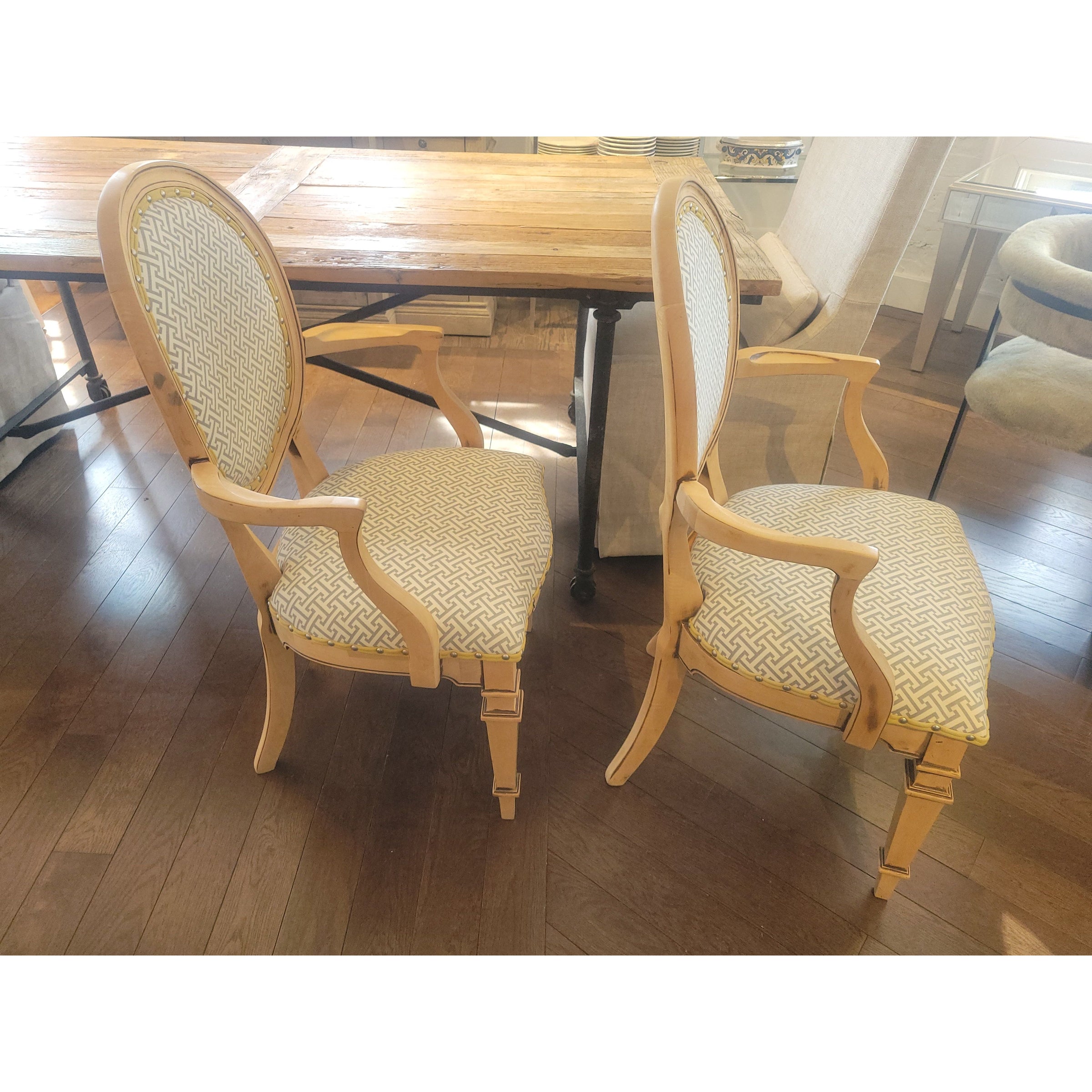 PAIR of Louis XVI Style Medallion Back Chairs w/ Sayagata Pattern Fabric (AS IS)