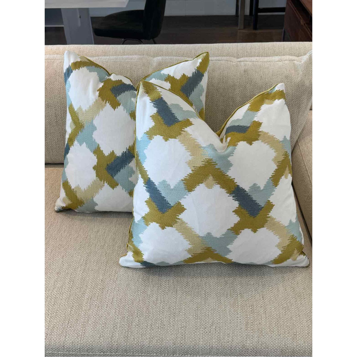 Pair of Custom Gold & Sage Geometric Pattern Pillows