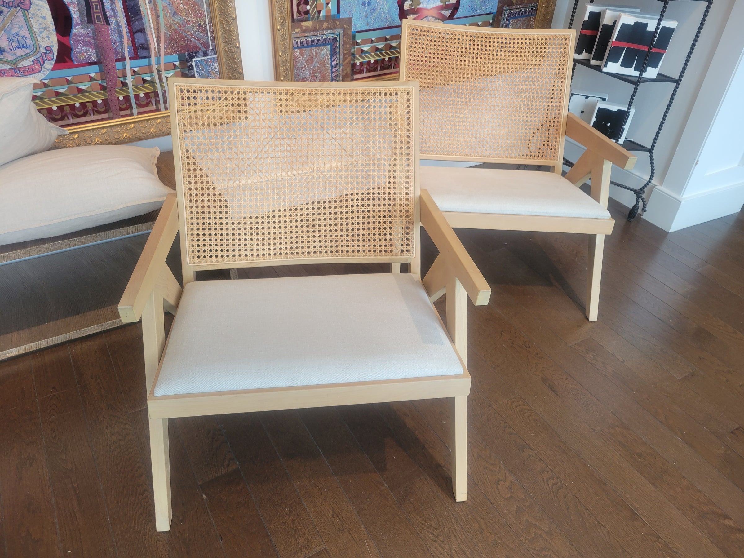 PAIR of Rattan Cane & Natural Wood Arm Chairs