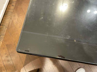 Antique Black Wood Slat Dining Table w/ Drawer & Glass Top