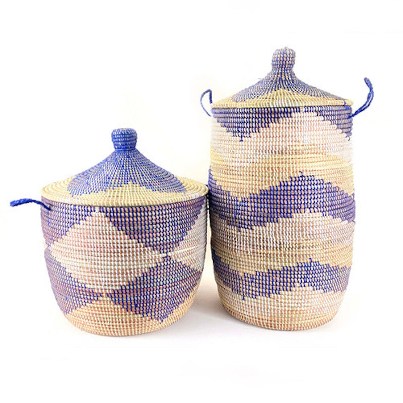 Large Hamper Basket - Blue + Natural Chevron - colletteconsignment.com
