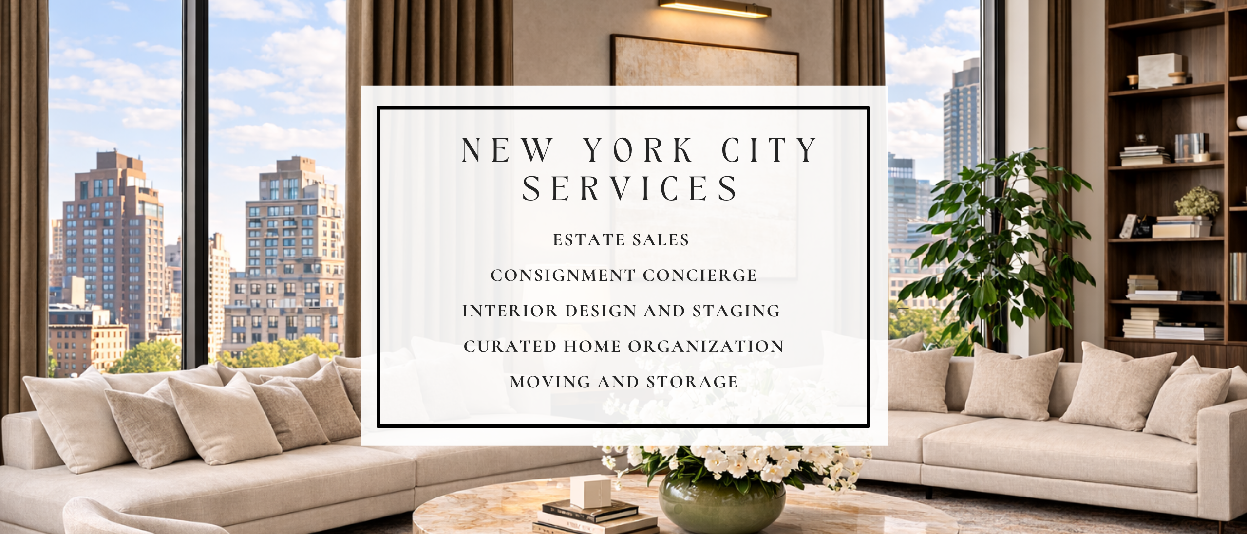 Advertisement for New York City services including: Estate Sales, Consignment Concierge, Interior Design and Staging, Curated Home Organization, and Moving & Storage.