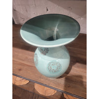 Mid-Century Wide Rim Brown Spotted Turquoise Ceramic Vase