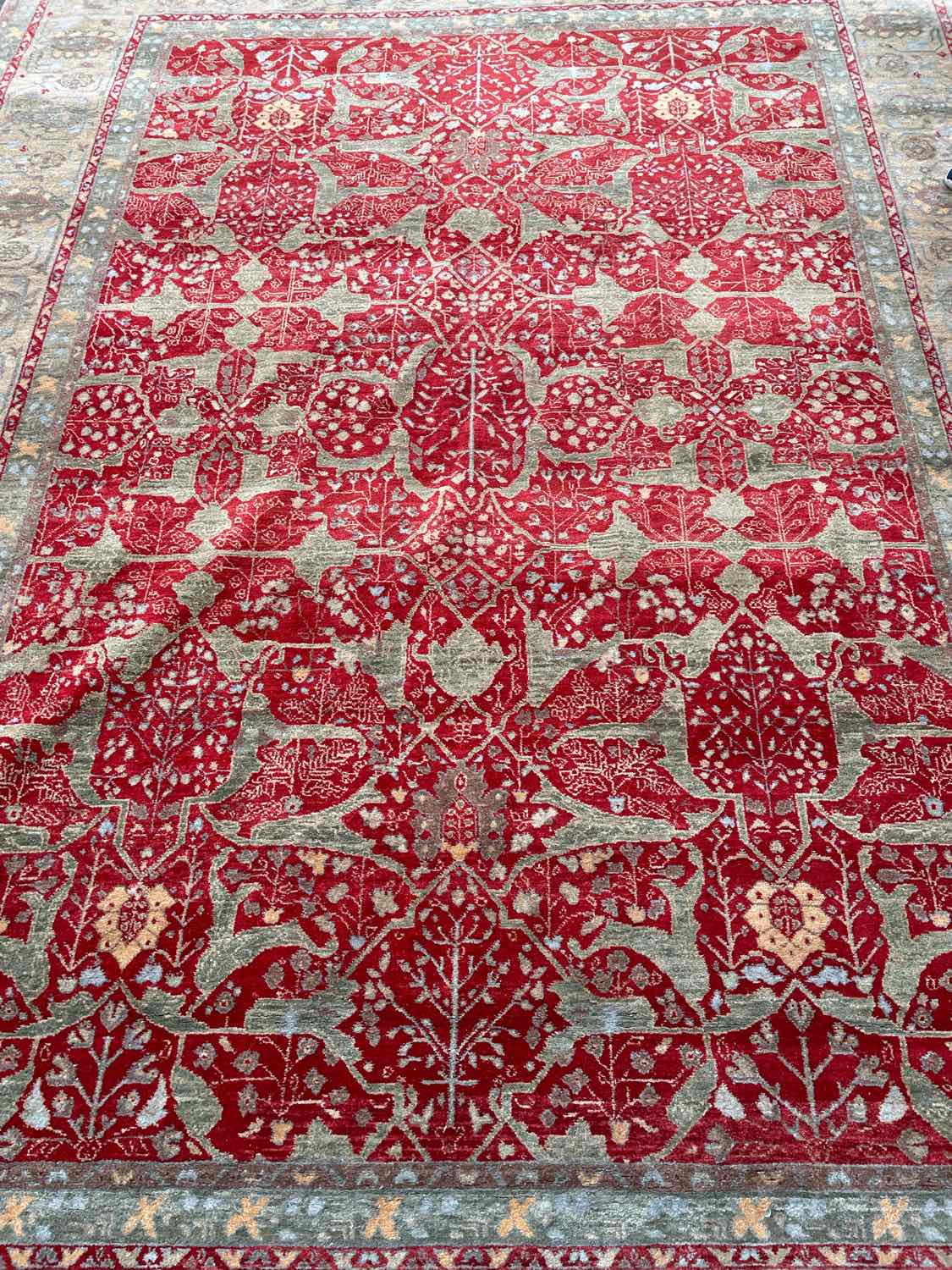 10' x 13.8' Turkish Green & Red Wool Rug