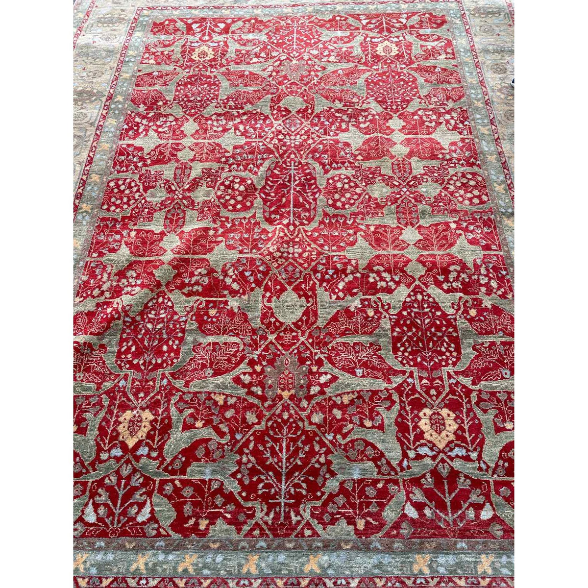 10' x 13.8' Turkish Green & Red Wool Rug