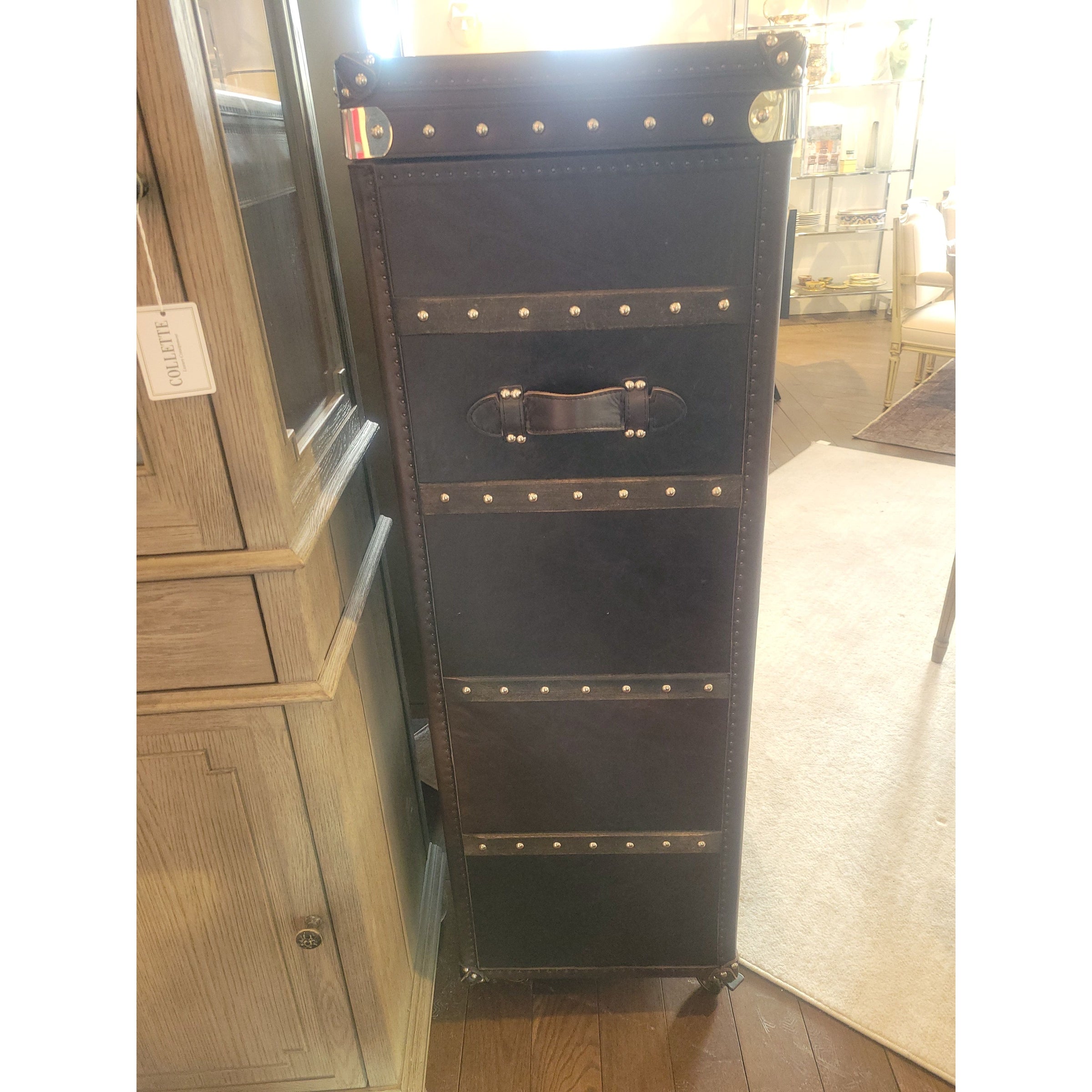Vintage Black Leather & Steel 'Mayfair' Steamer Trunk Rolling Bar by RH - colletteconsignment.com