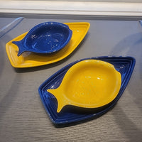 Set of French 2-Blue & 2-Yellow Serving Bowls Fish and Boat 8"L x 6"W x 2"H