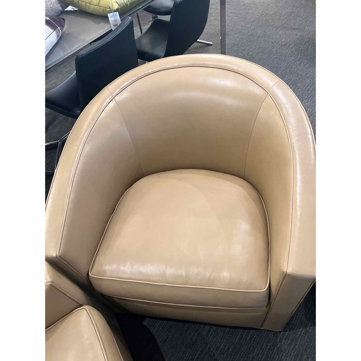 Pair of A.Rudin # 761 Light Beige Smooth Leather Barrel-Back Swivel Chairs 33"W