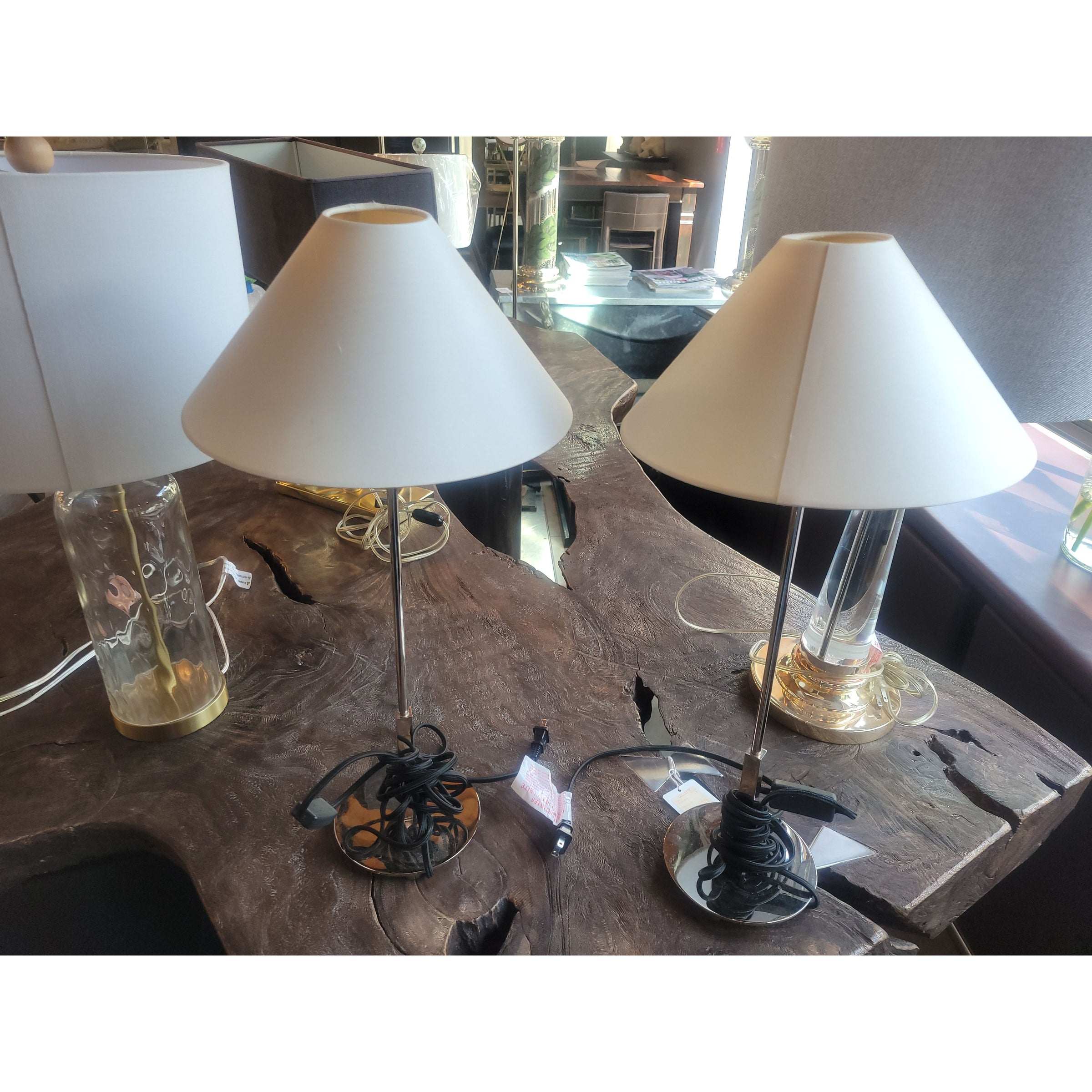 PAIR of Chrome Candlestick Table Lamps w/ White Shades