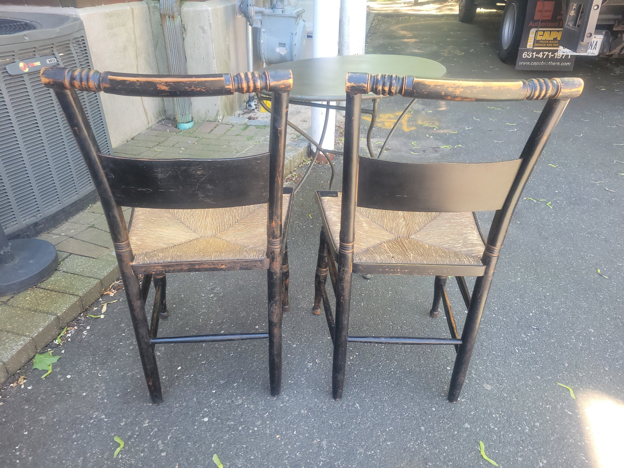 SET of 4 Antique Black Wood Hitchcock Chairs w/ Rush Seats (AS IS)