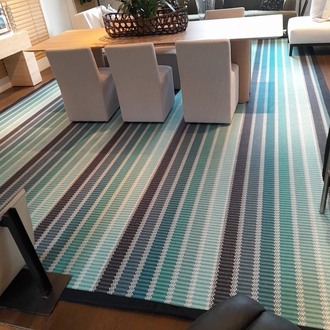 Custom Wool Teal/Black/Blue and White Zig Zag Striped Rug, 13'x20'