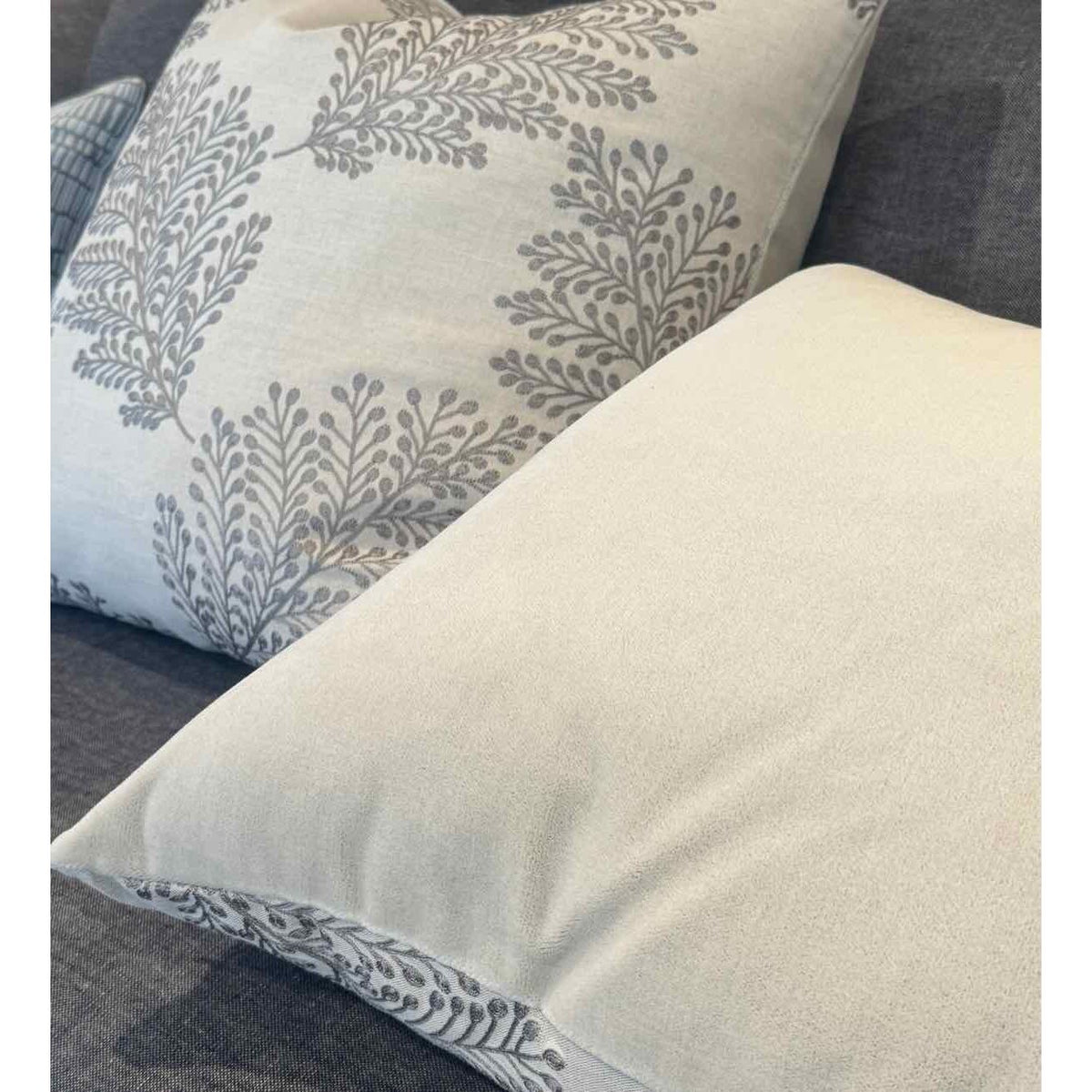 Pair of Custom Gray Embroidered Leaves Over Linen Pillows - colletteconsignment.com