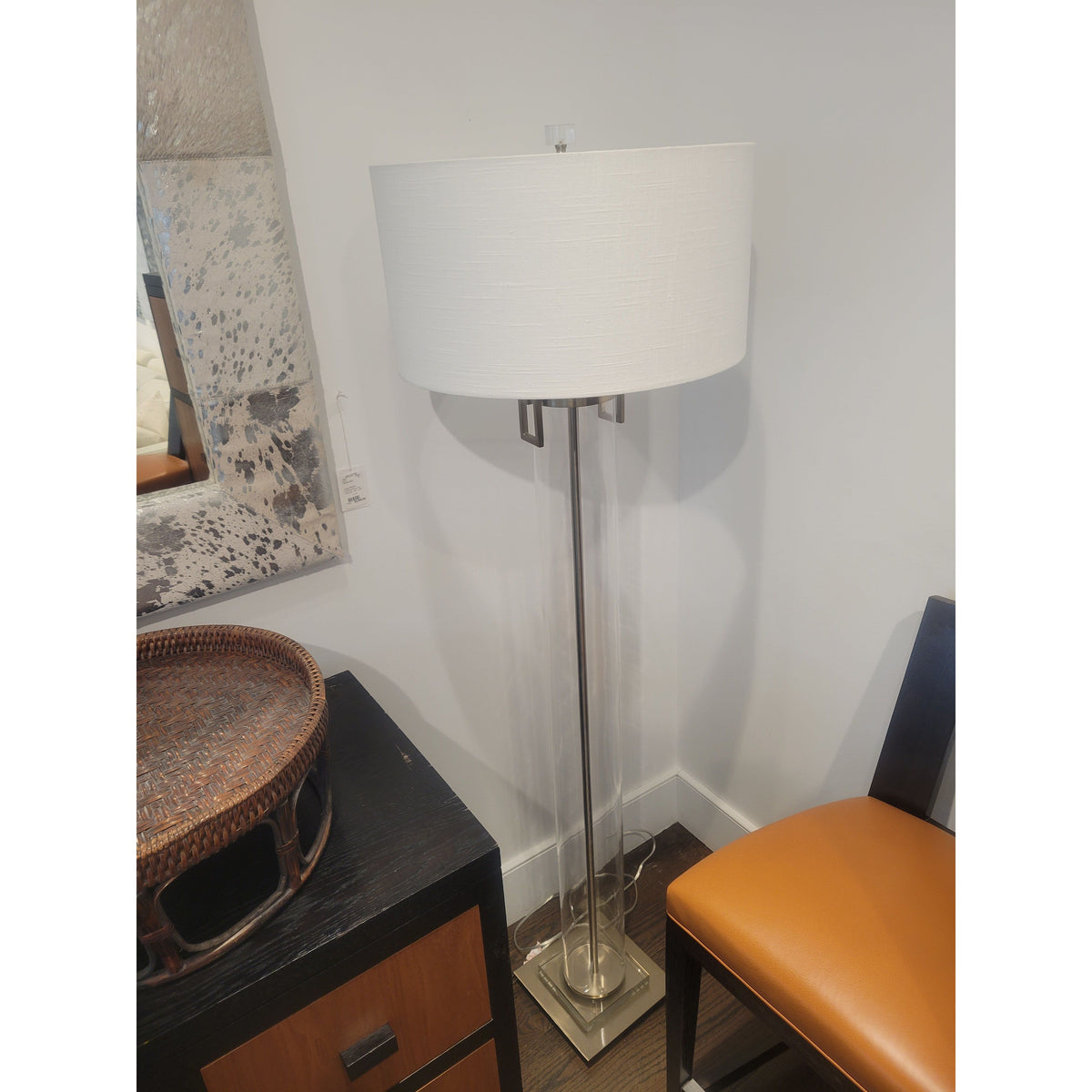 PAIR of Clear Cylindrical Nickel-Plated Floor Lamps w/ White Shades