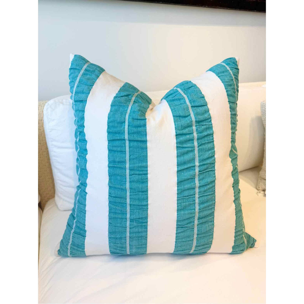 PAIR of Custom Turquoise Stripe on White Cotton Square Pillows
