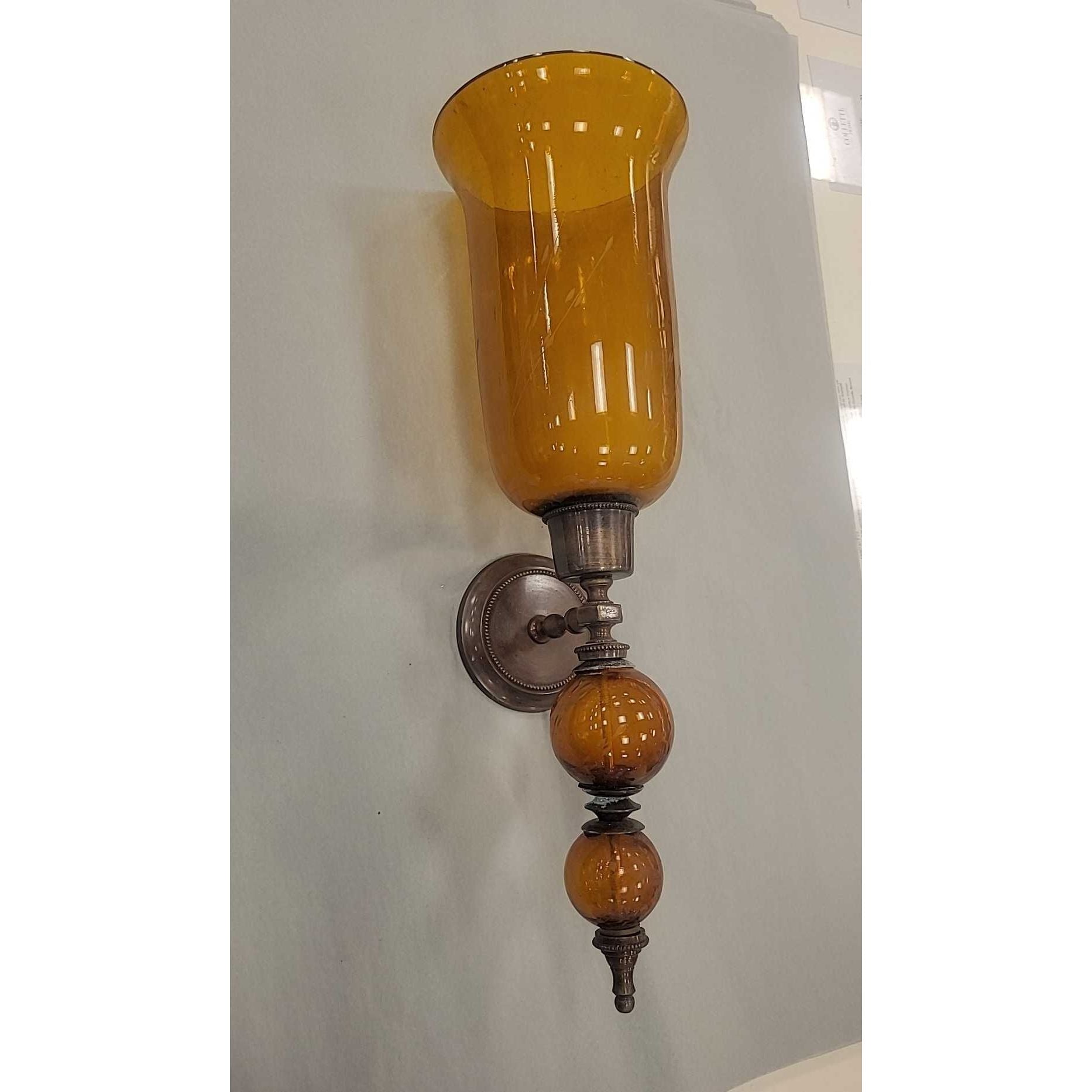 Antique Etched Amber Glass & Bronze Candle Stick Sconce (AS IS)