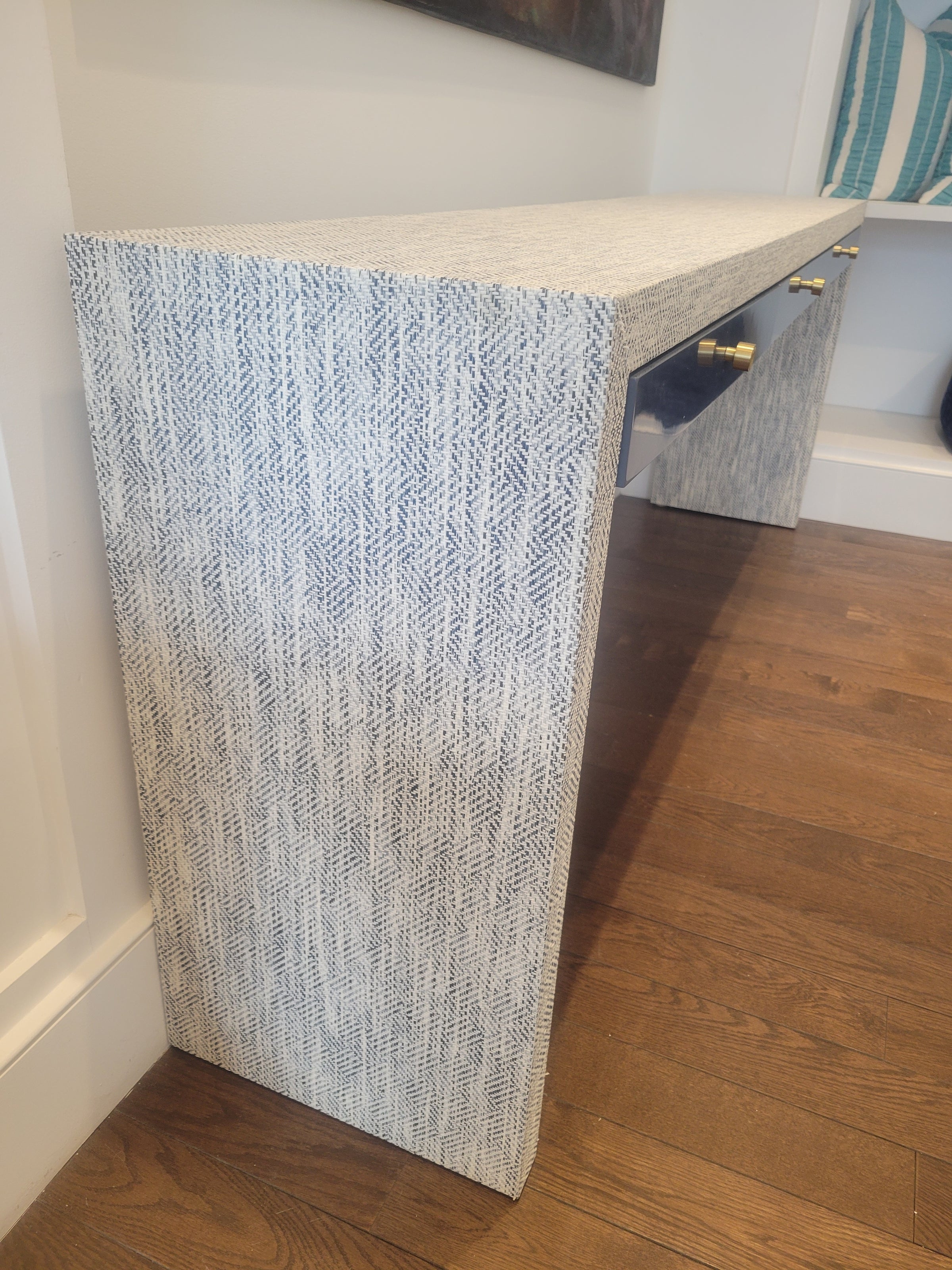 Custom 7-ft Navy Grasscloth Console Table w/ Lacquer Drawers (AS IS)