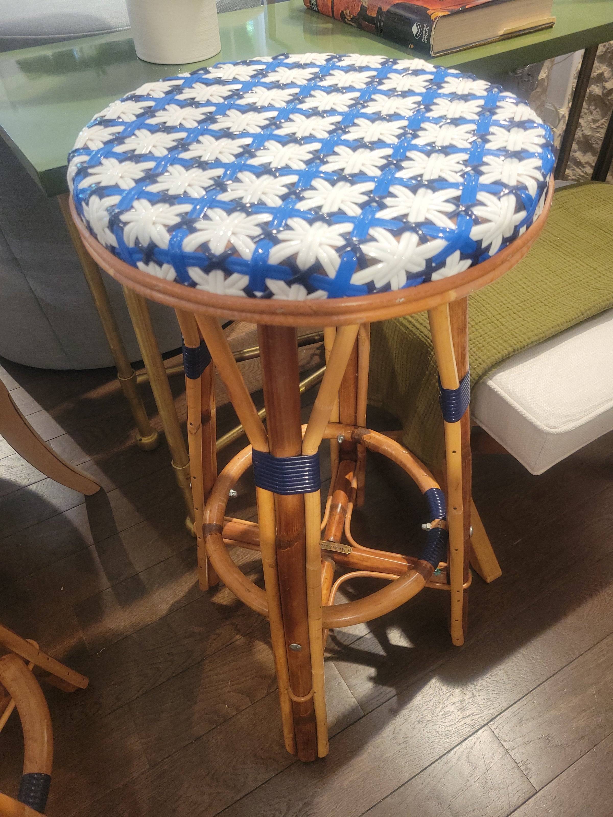 SET of 3 Blue & White Wicker Counter Stools by Maison Drucker