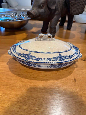 Antique Blue & White Covered Tureen 12"L x 7"D x 5"H