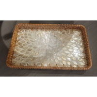 SET of 3 White Mother of Pearl Inlay Trays w/ Wicker Edge