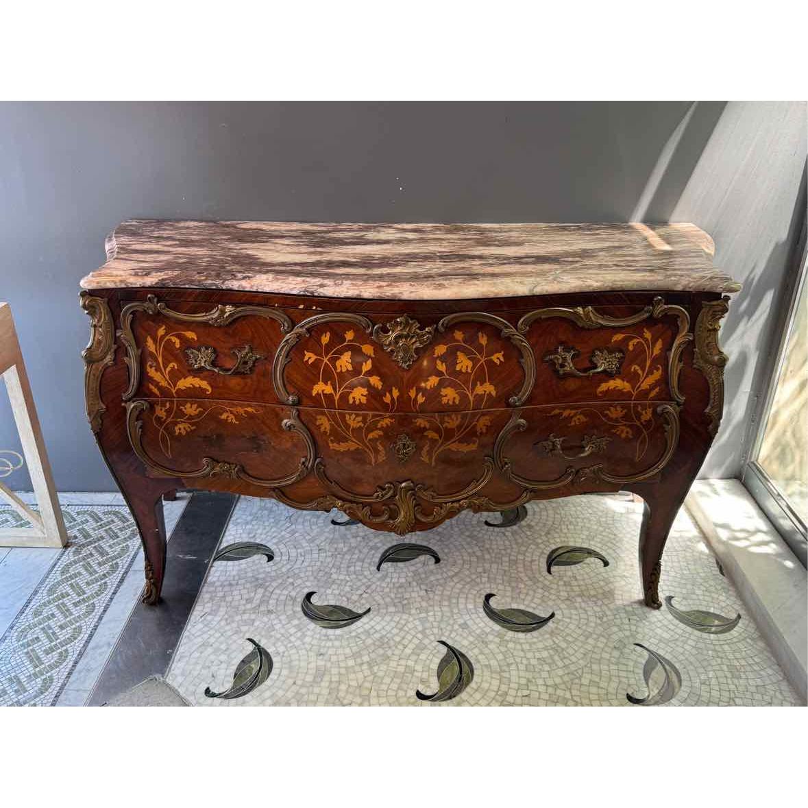19th C French Marquetry Marble Top Dresser w/ Brass Mounts 19th C French Marquetry Marble Top Dresser w/ Brass Mounts