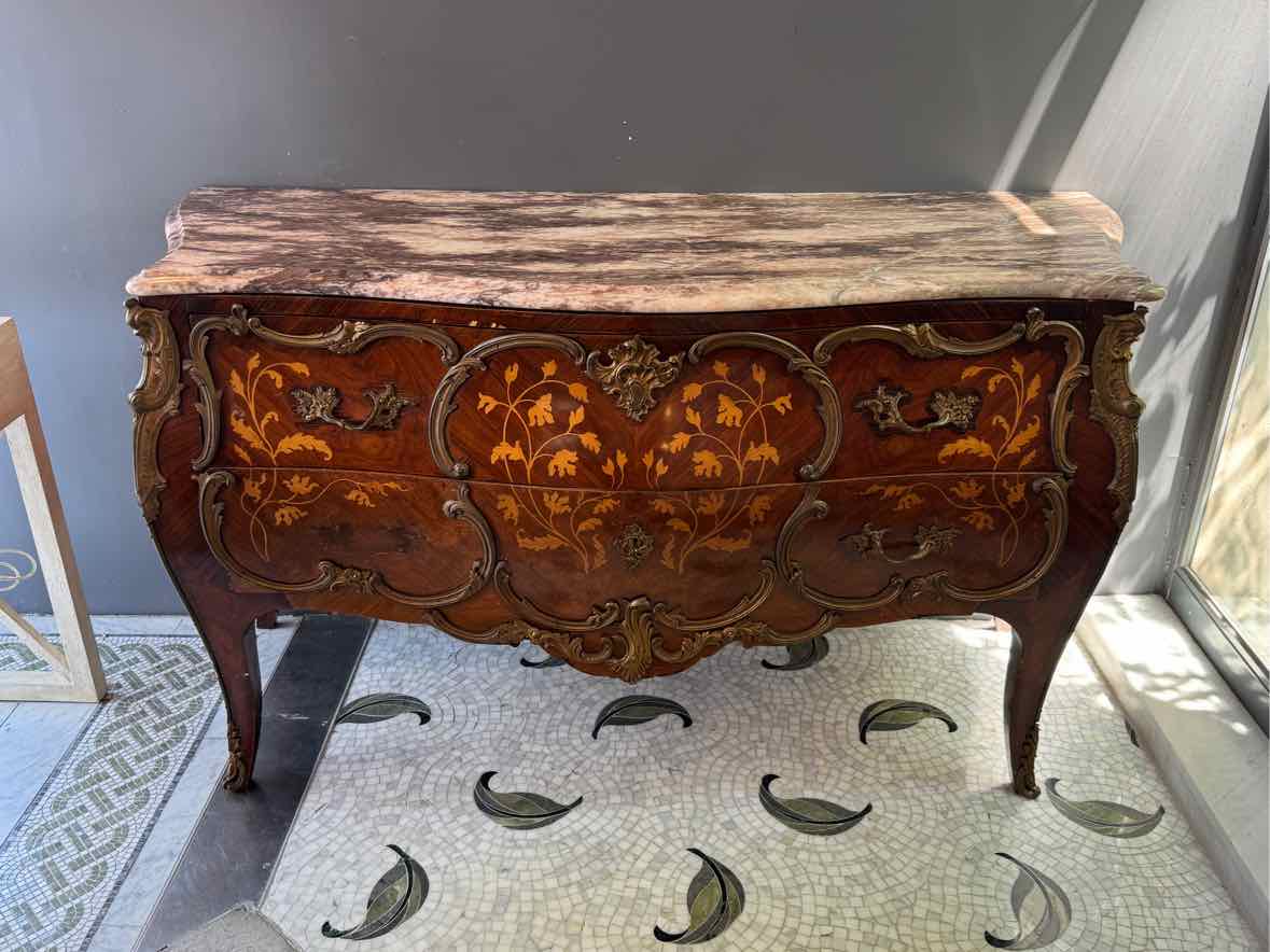 19th C French Marquetry Marble Top Dresser w/ Brass Mounts - AS IS