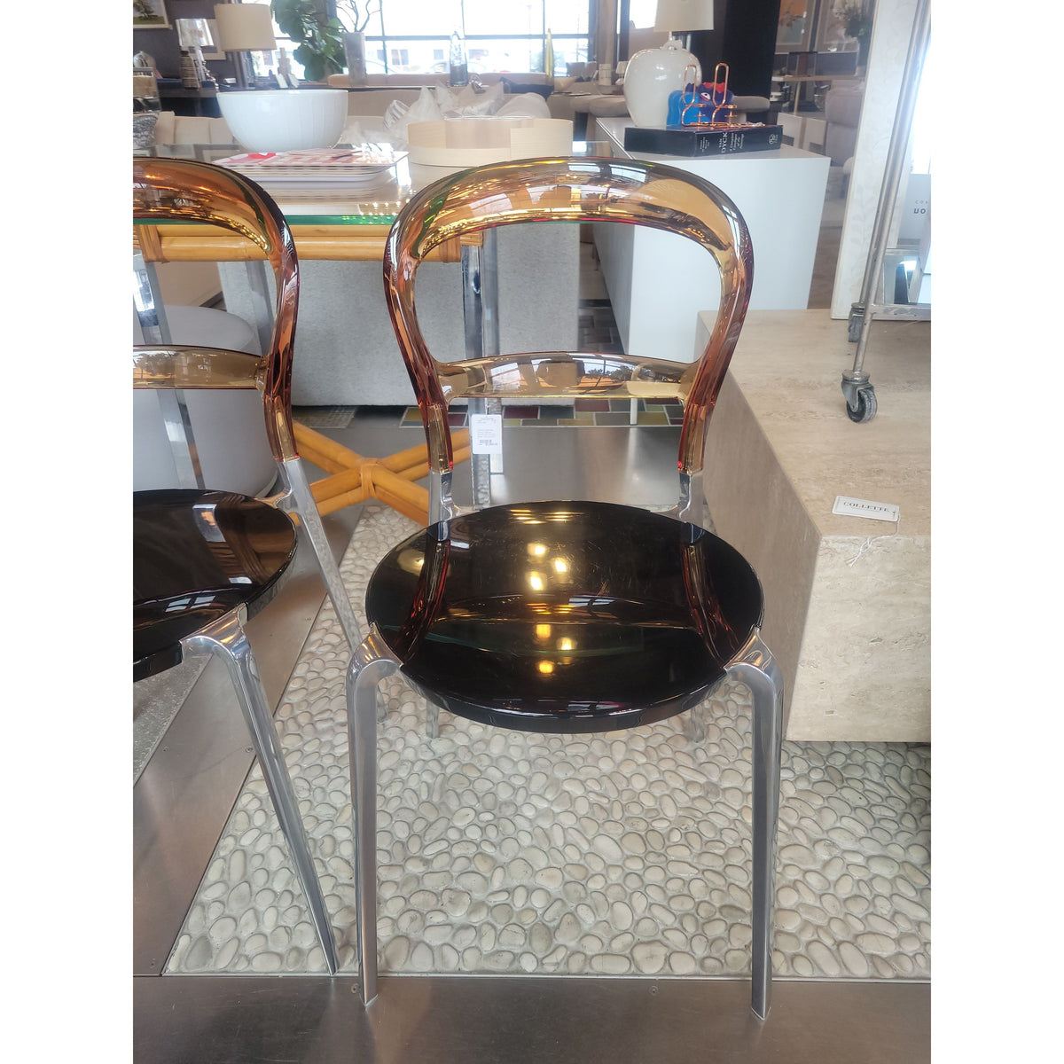 Pair of Wien Transparent Amber & Aluminum Dining Chairs