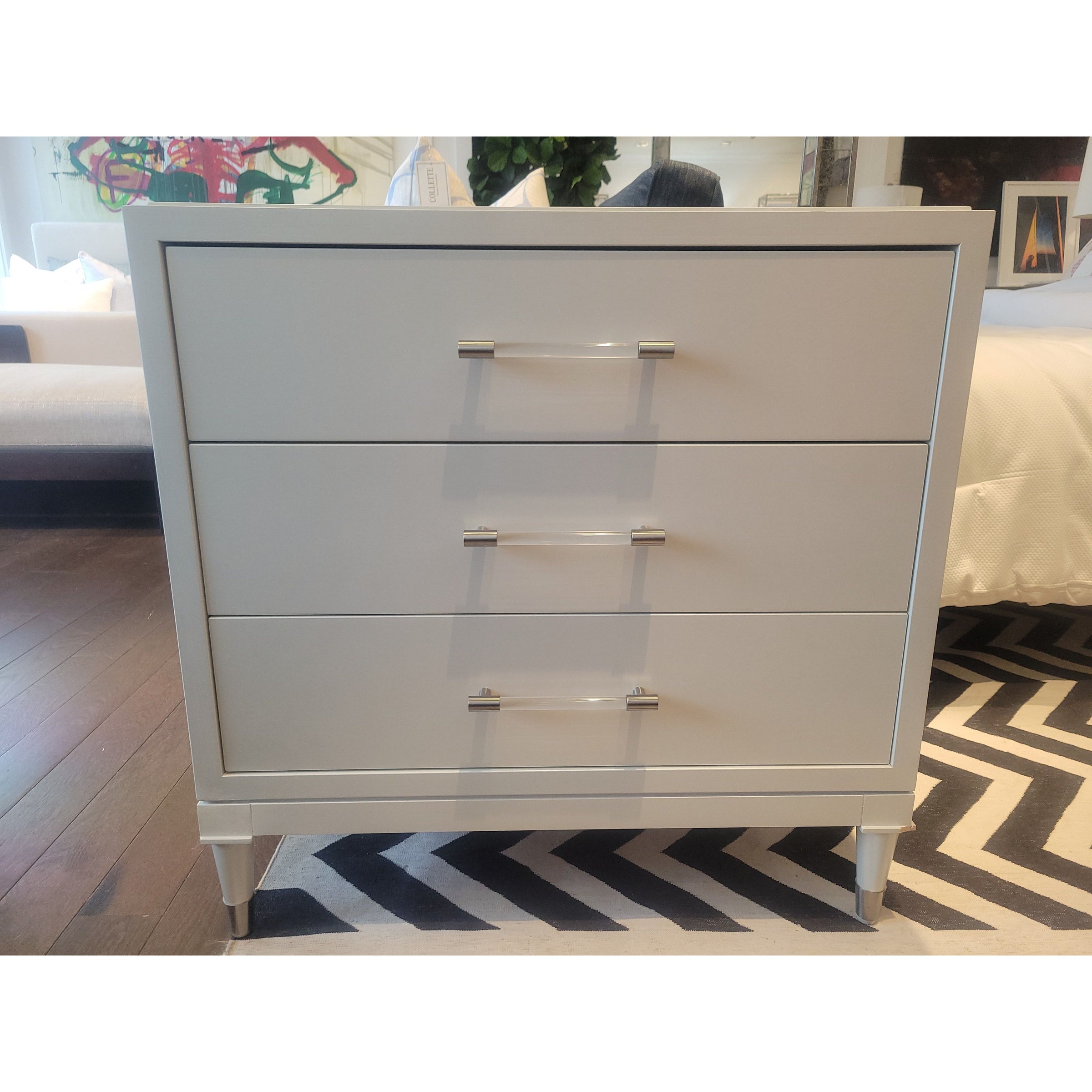 PAIR of 3-Drawer White Nightstands w/ Nickel & Lucite Pulls by Vanguard (AS IS)
