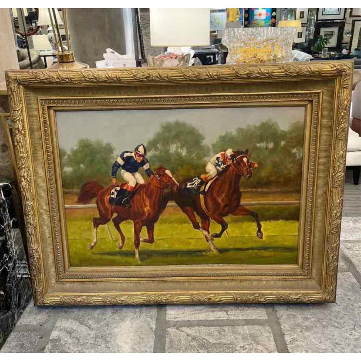 'Polo Match' Painting by J. Francis in Gold Frame