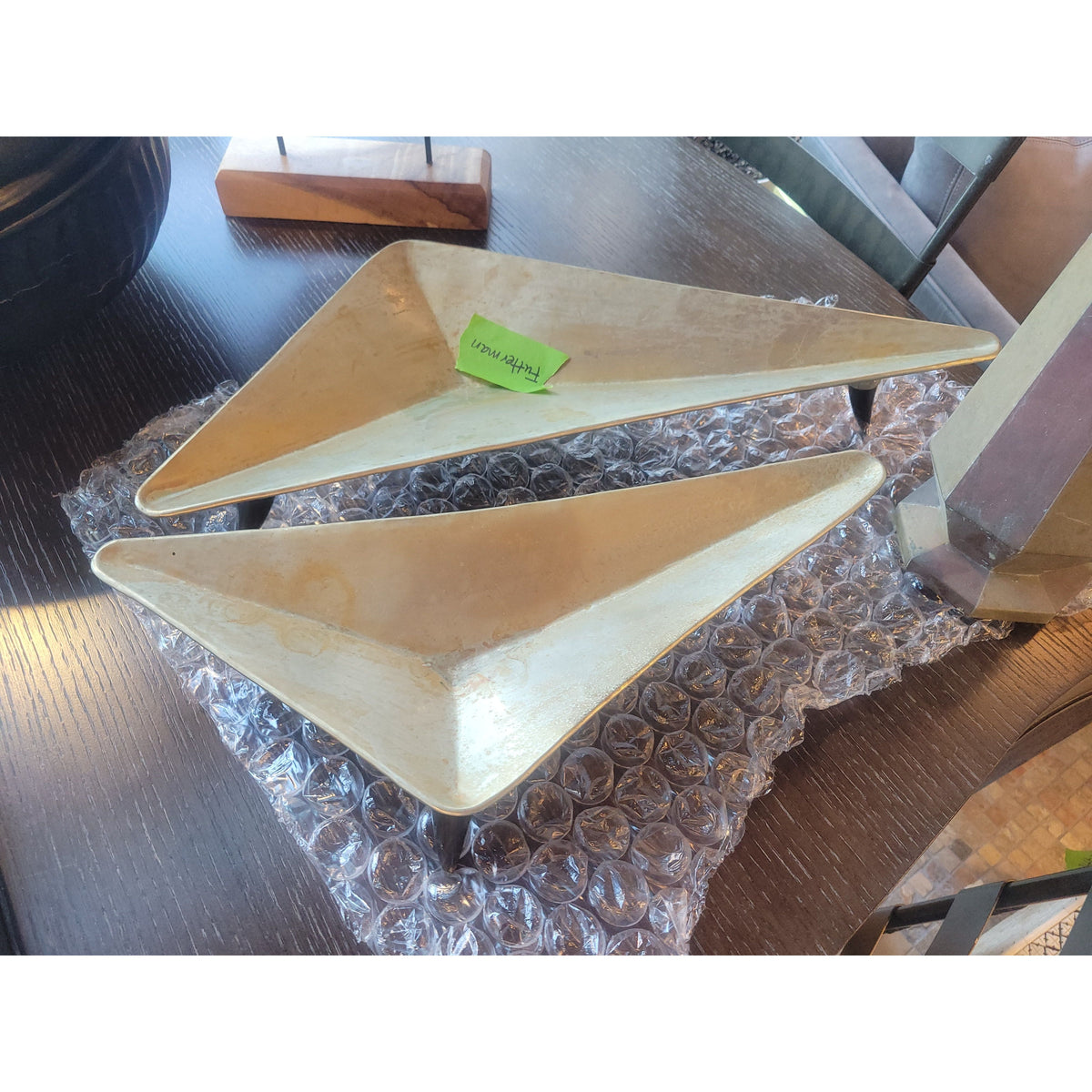 PAIR of Triangular Brushed Metal Trays on Horn Feet - colletteconsignment.com