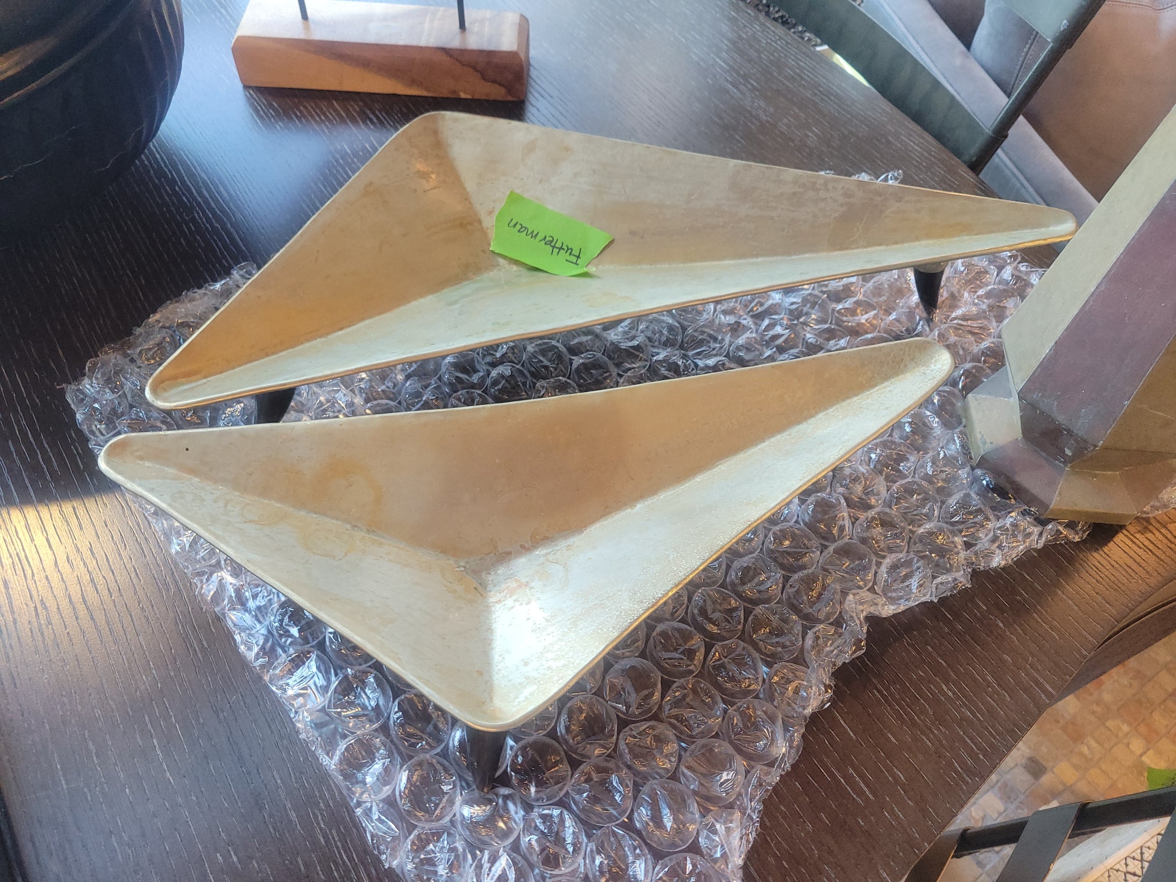 PAIR of Triangular Brushed Metal Trays on Horn Feet
