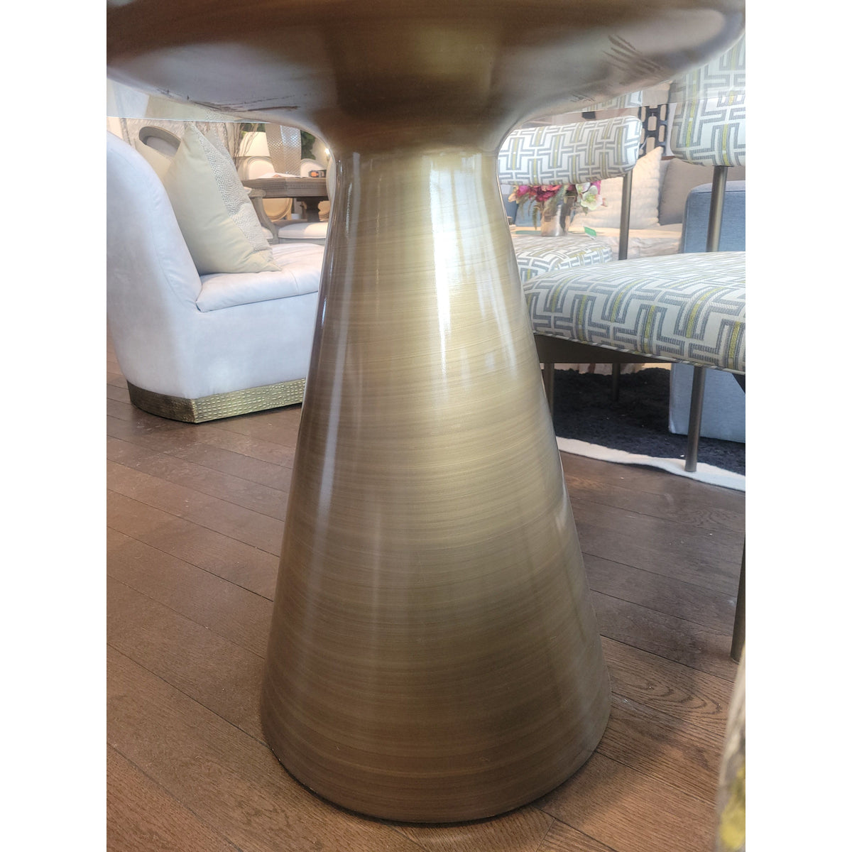 'Addie' Pewter Pedestal Dining Table w/ 5-ft Round Glass Top by MG&BW - colletteconsignment.com