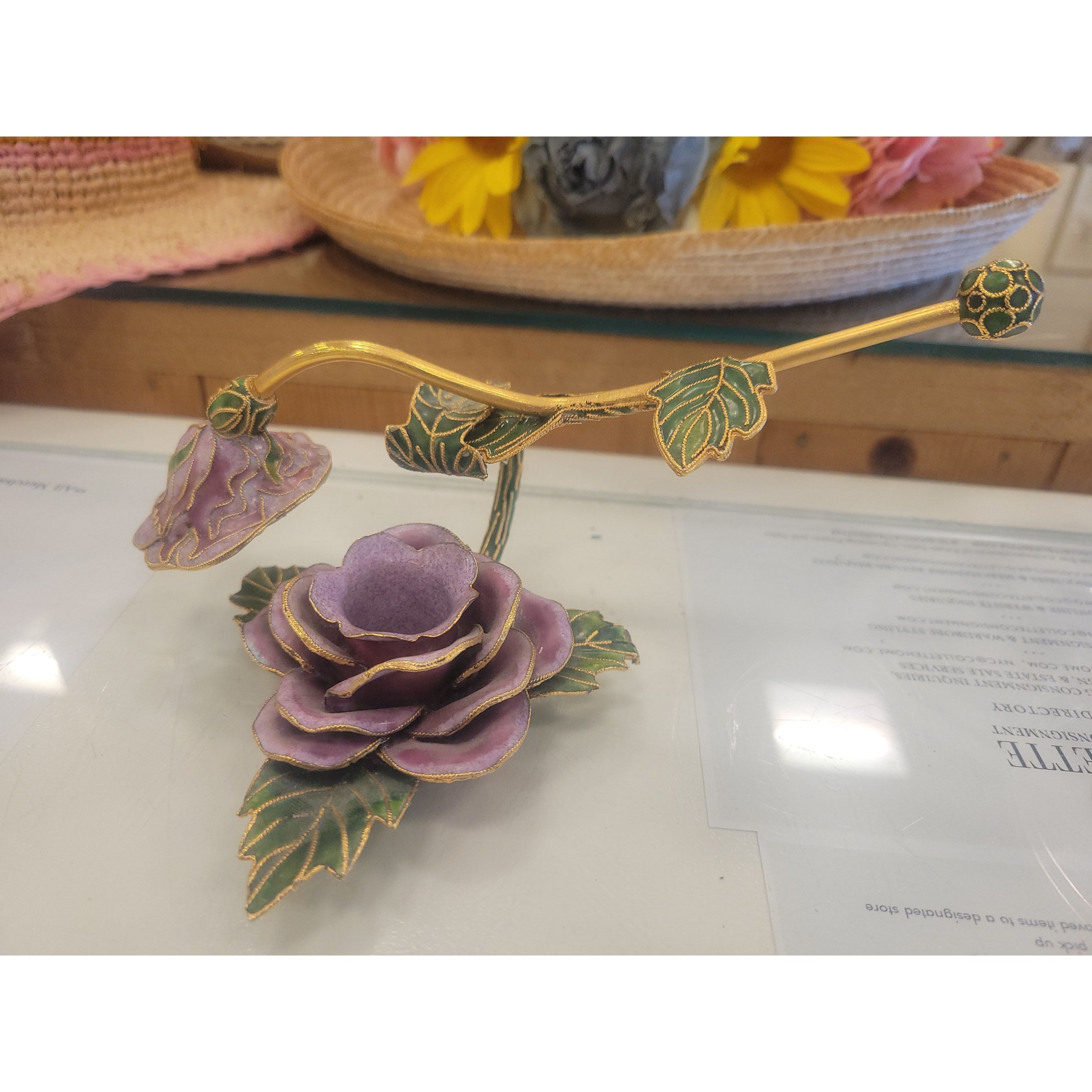 NYCO Cloisonne Enamel Rose Candlestick Holder w/ Snuffer