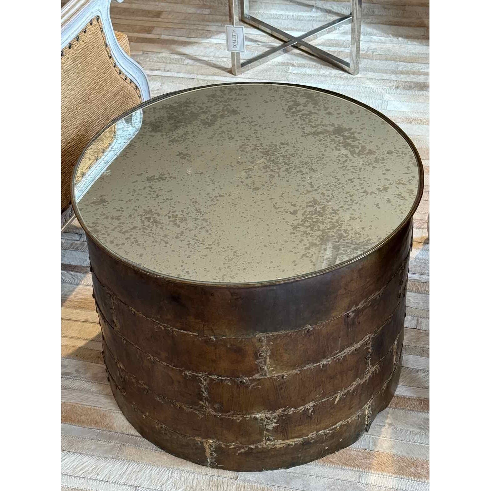 Vintage Metal Drum Coffee Table w/ Antiqued Mirror Glass Top