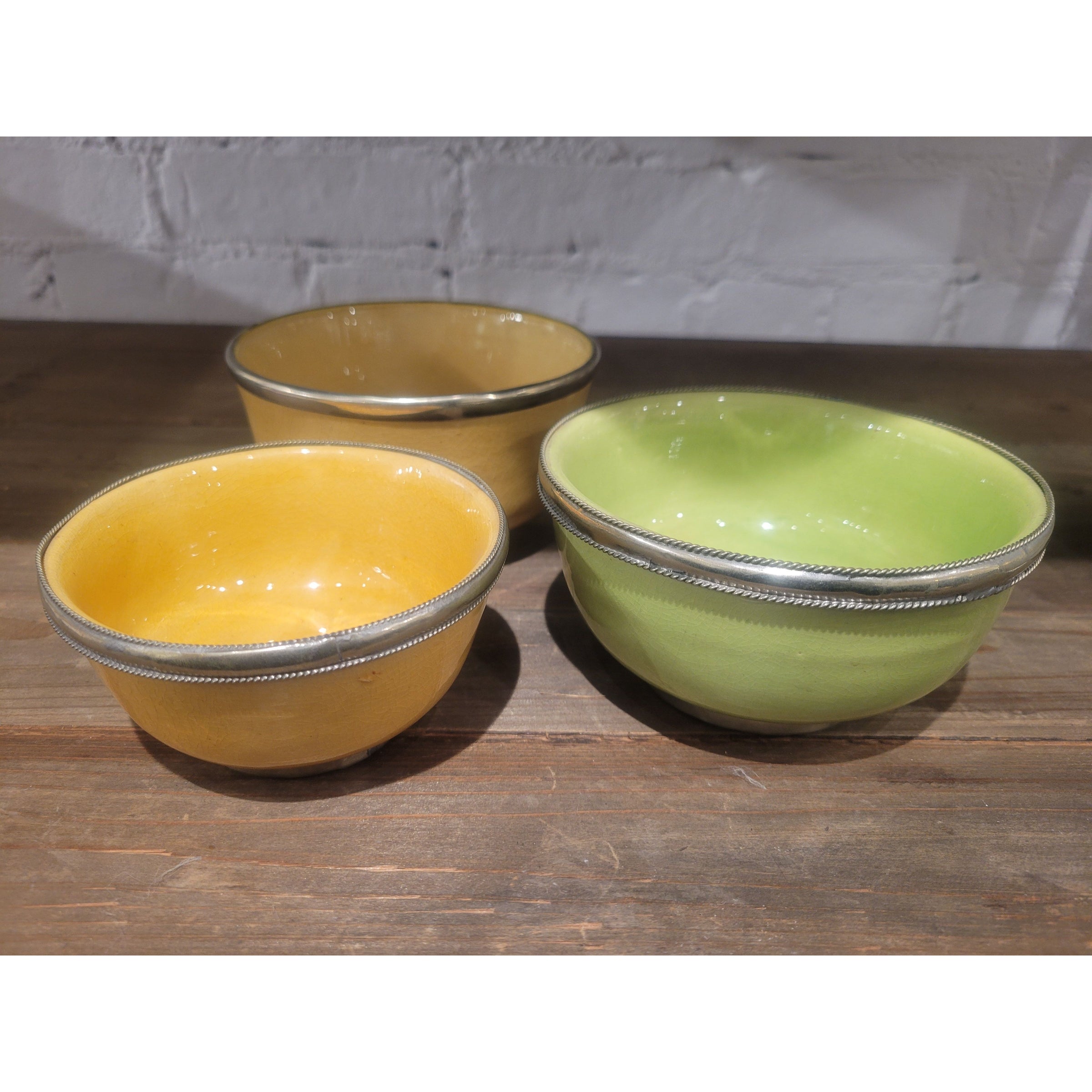 SET of 3 Yellow & Green Ceramic Bowls w/ Metal Trim