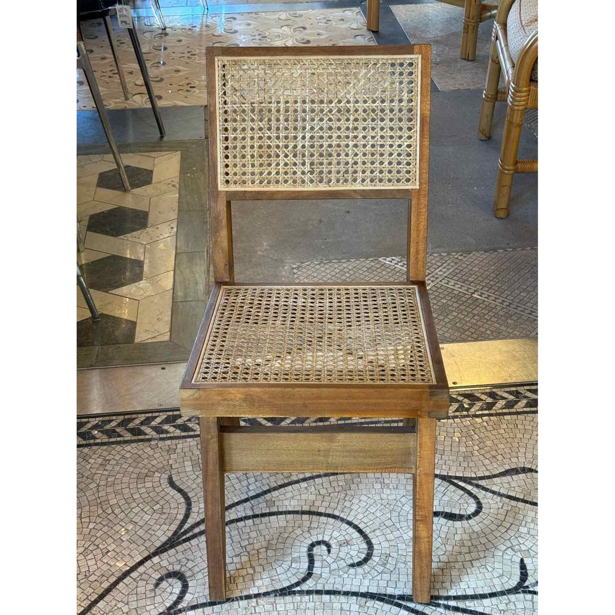 SET of 4 Acacia Wood & Rattan Cane Dining Chairs