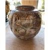 Tan Clay Vase w/ White Lines and Painted Gold Flowers