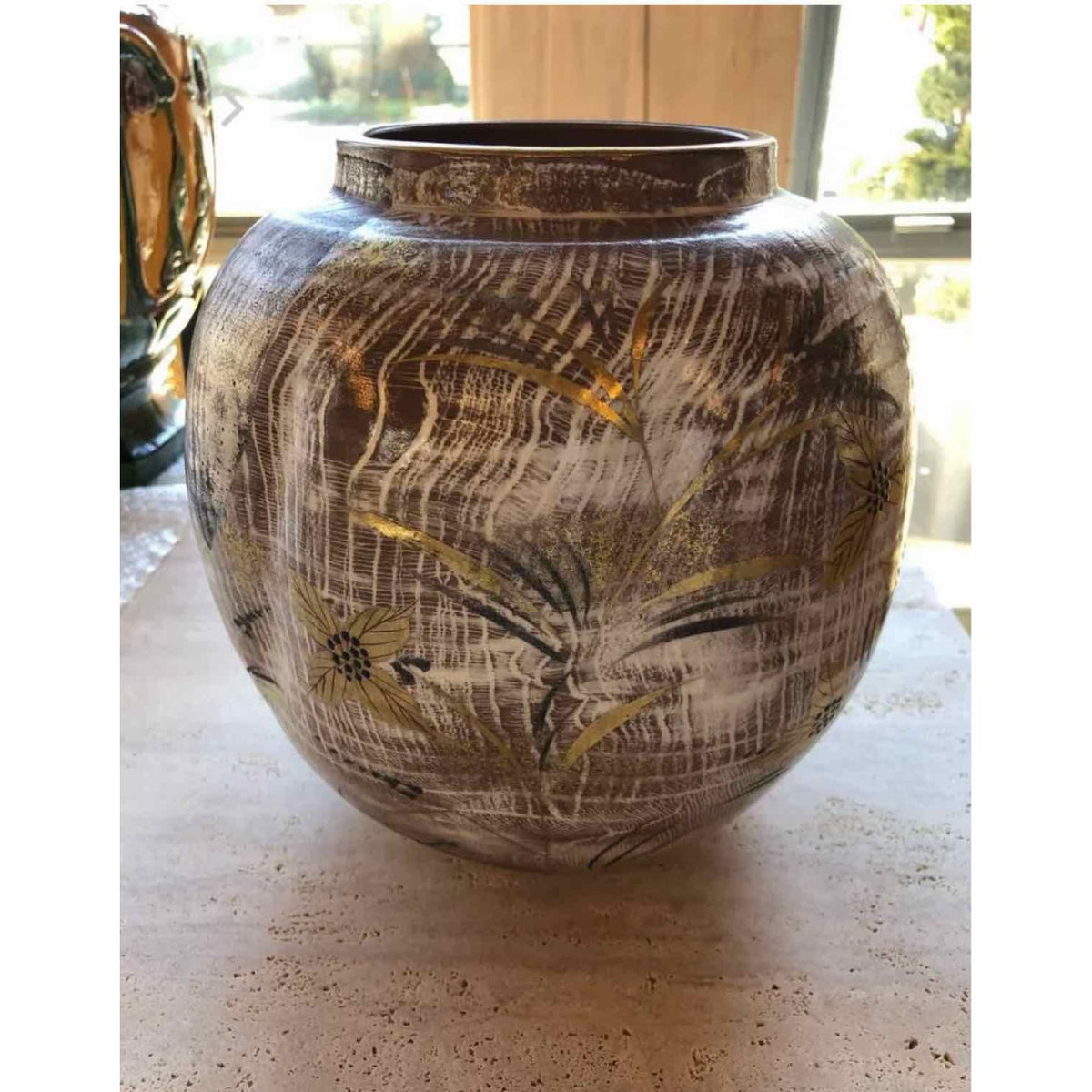 Tan Clay Vase w/ White Lines and Painted Gold Flowers