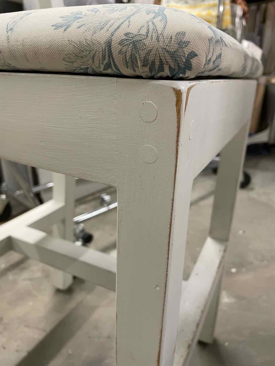 SET of 3 Vintage White Counter Stools w/ Toile Seat Cushions (AS IS)