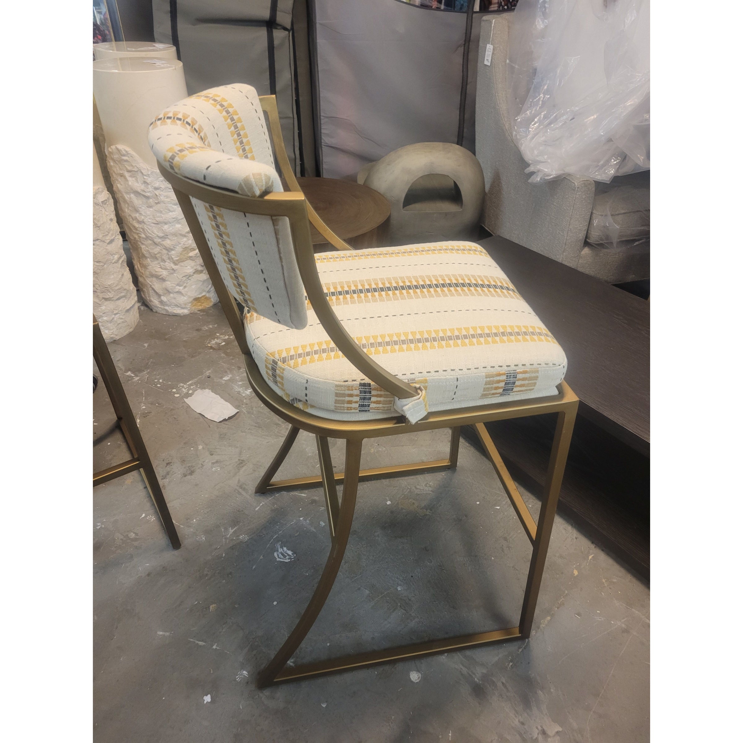PAIR of Yellow Striped Bar Stools on Brass Bases by Ballard Designs (AS IS)