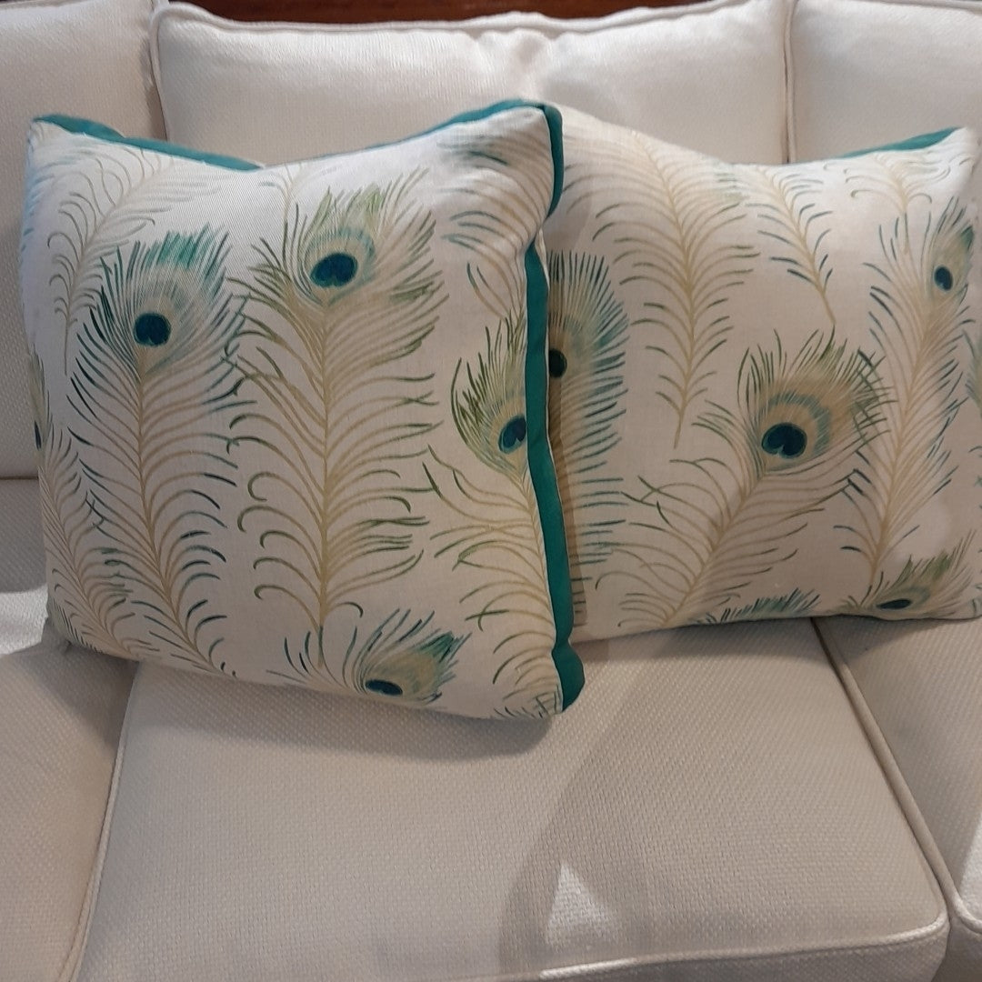 Pair of Peacock Feather Linen Pillows w/Down Inserts