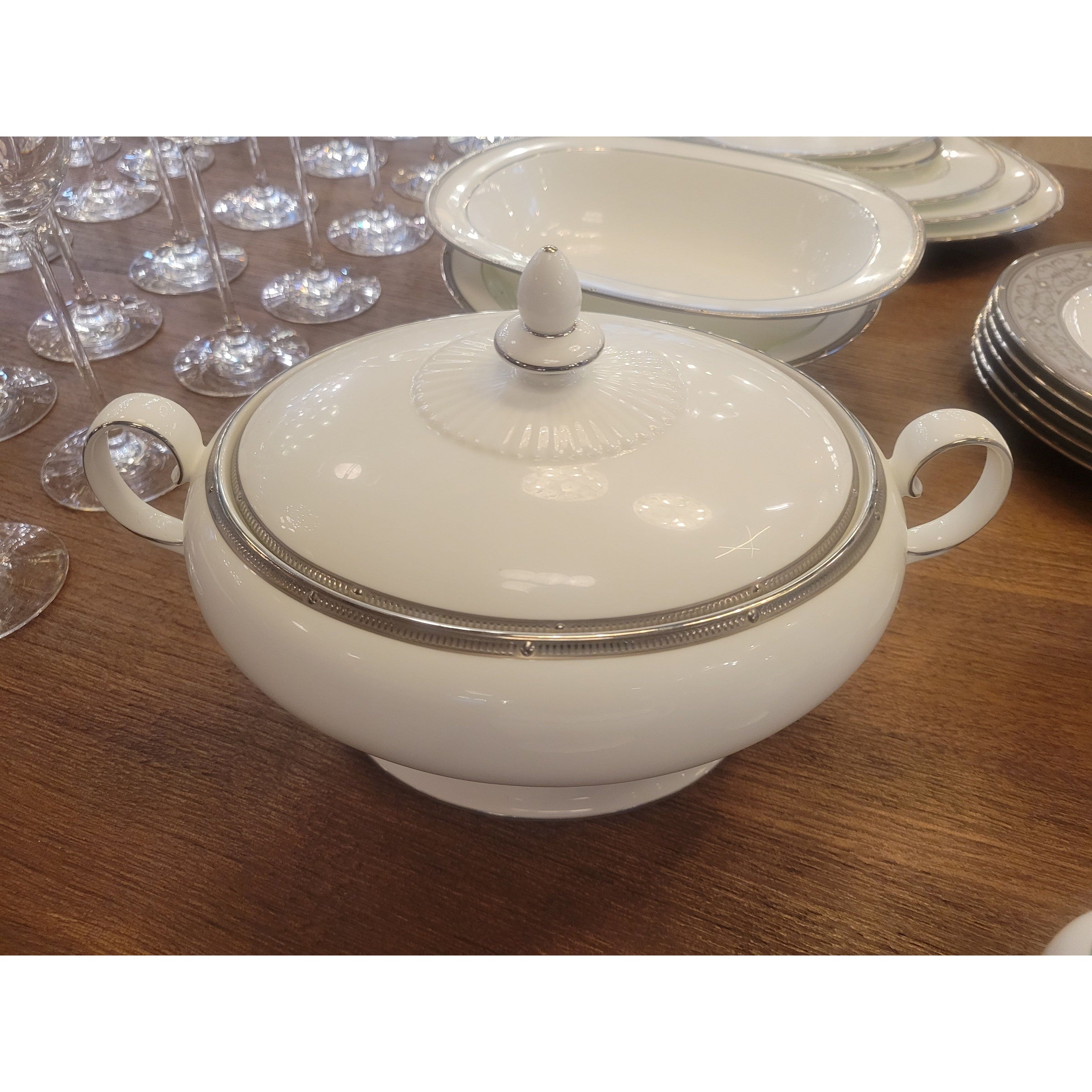 Covered Oval Vegetable Bowl, Noritake 'Rochelle' Platinum