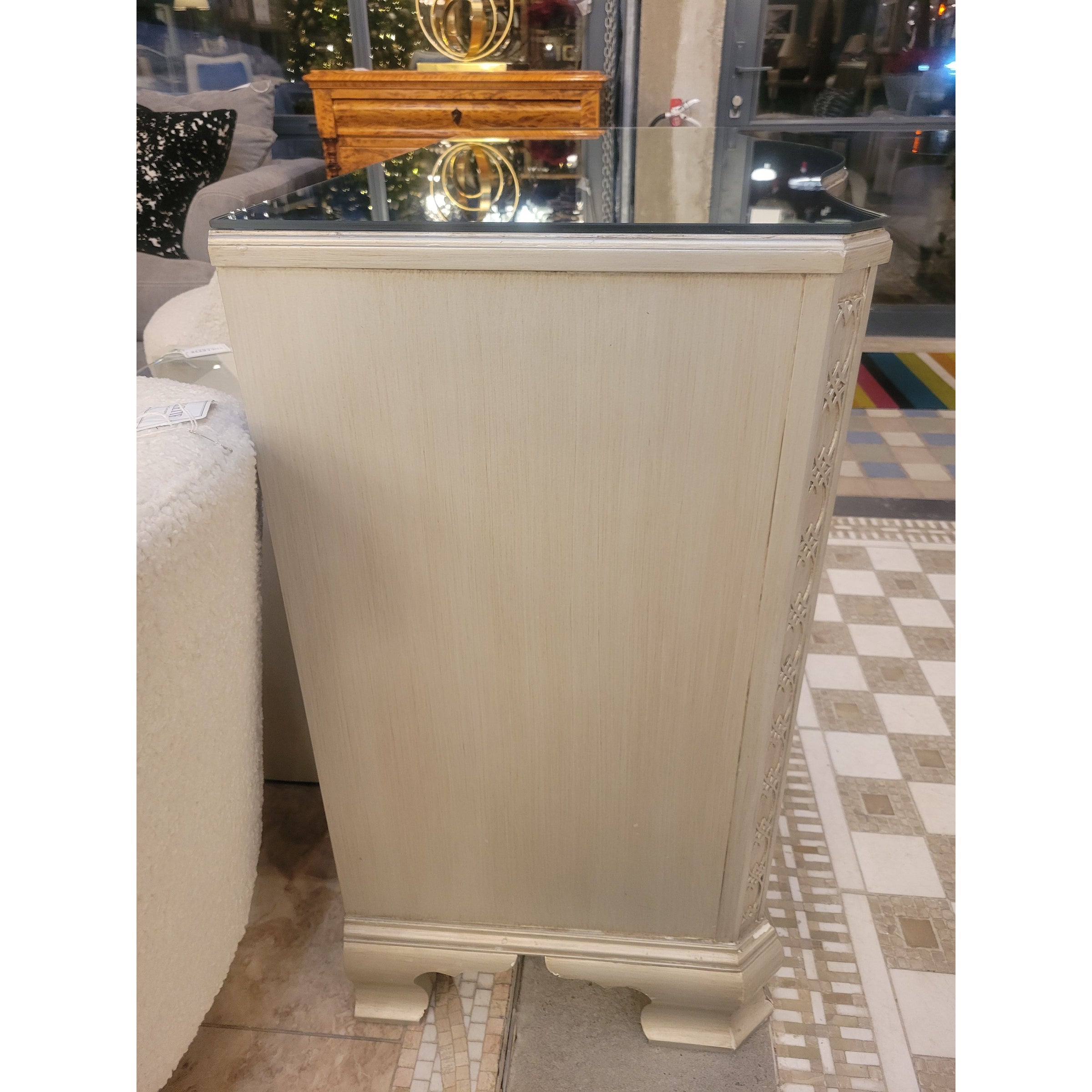 Antique 4-Drawer Platinum Painted Rococo Commode w/ Mirror Glass Top (As Is)