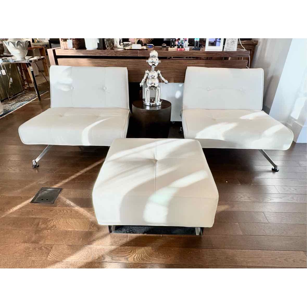 Pair of White Leather Clubber Chairs & Ottoman w/ Chrome Legs by Innovation