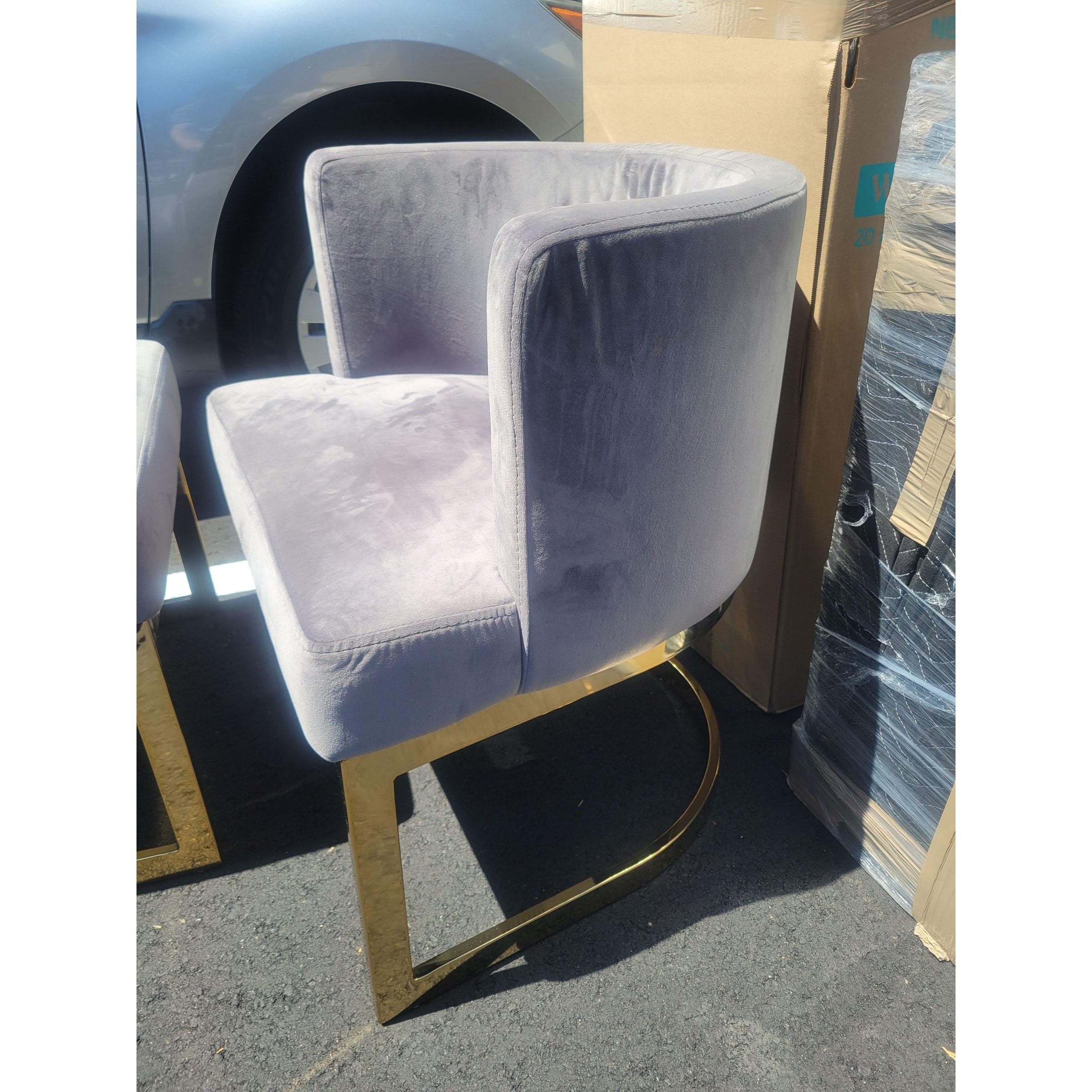 SET of 8 Gray Velvet & Polished Brass Dining Chairs - AS IS