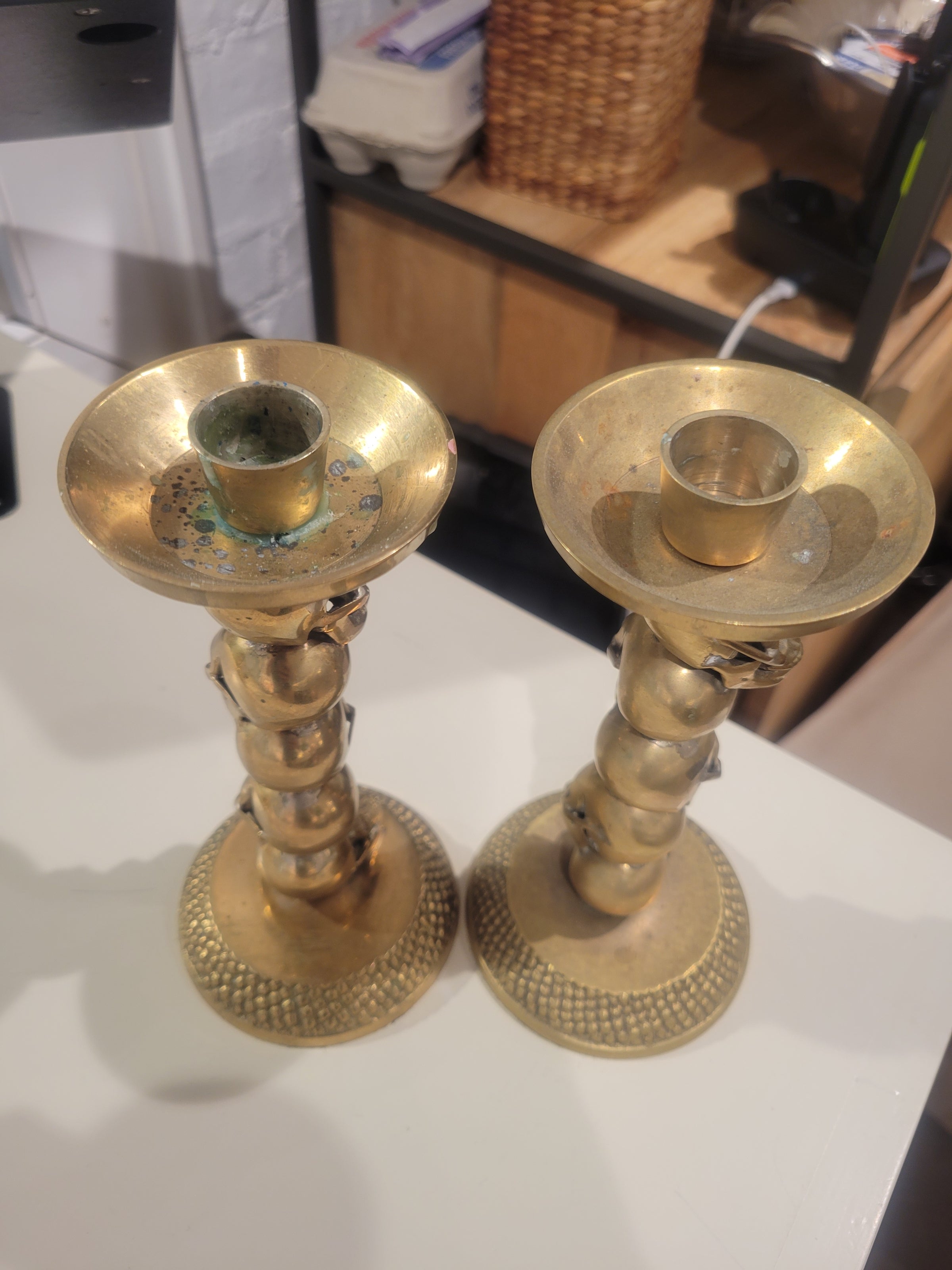 PAIR of Brass Stacked Skulls Candlesticks by DL & Co