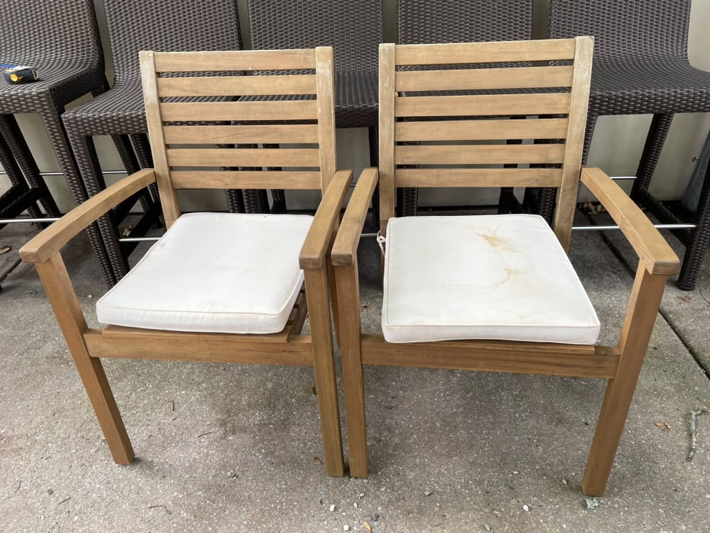 Pair of Teak Outdoor Dining Chair w/ White Cushions