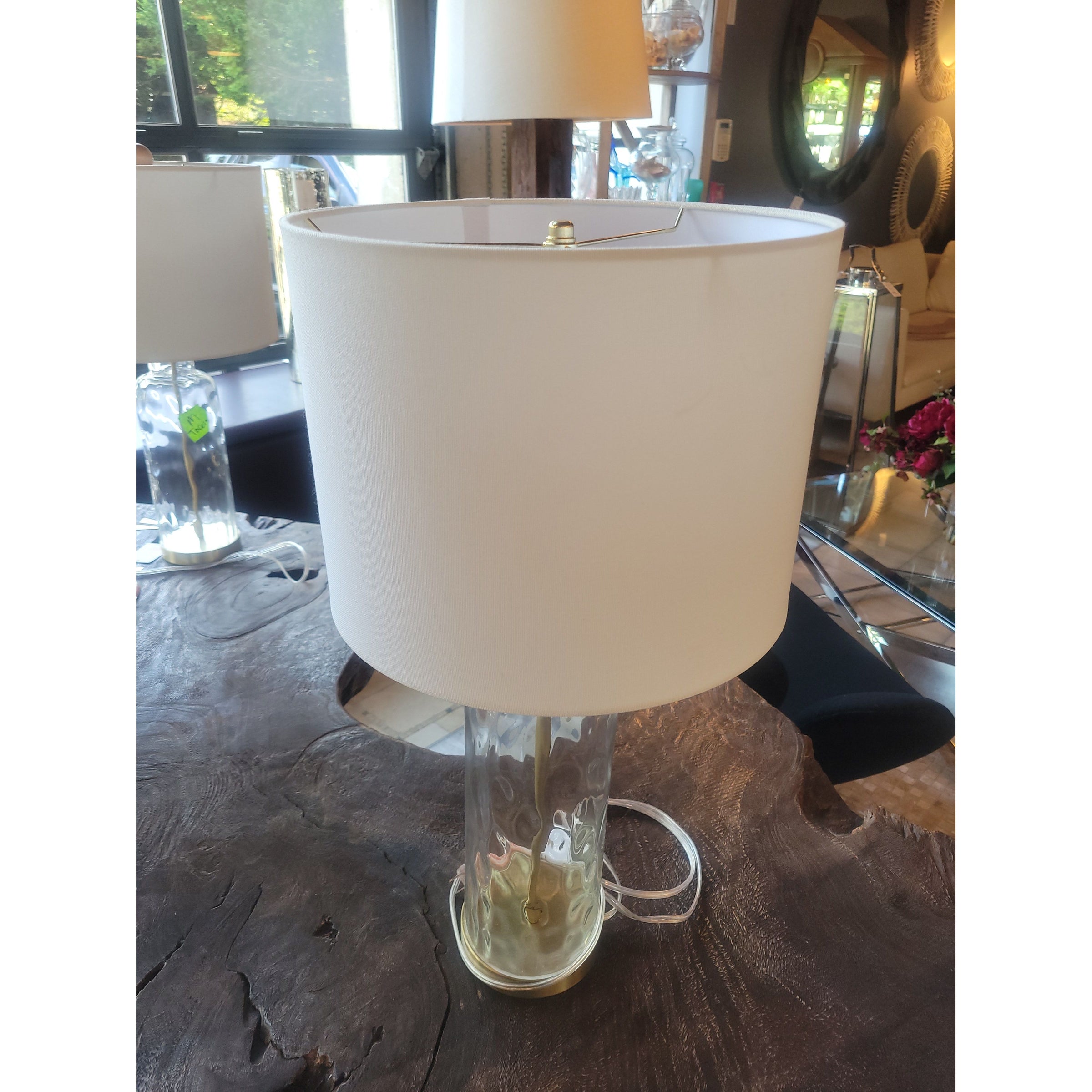 PAIR of Dimpled Glass Brass Table Lamps w/ White Shades