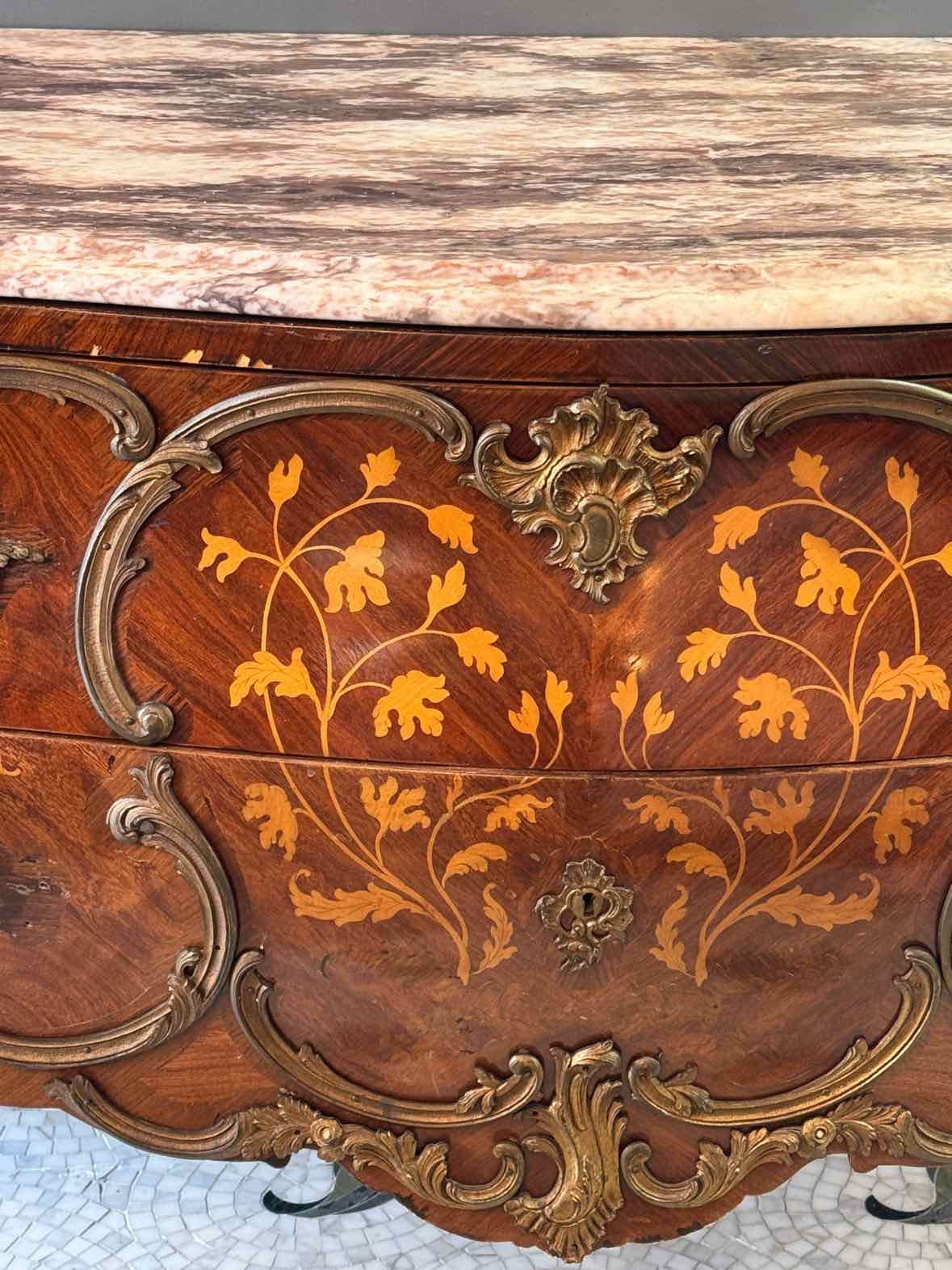19th C French Marquetry Marble Top Dresser w/ Brass Mounts - AS IS