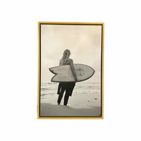 B&W Beach Surfer Photograph on Canvas in Floating Wood Frame