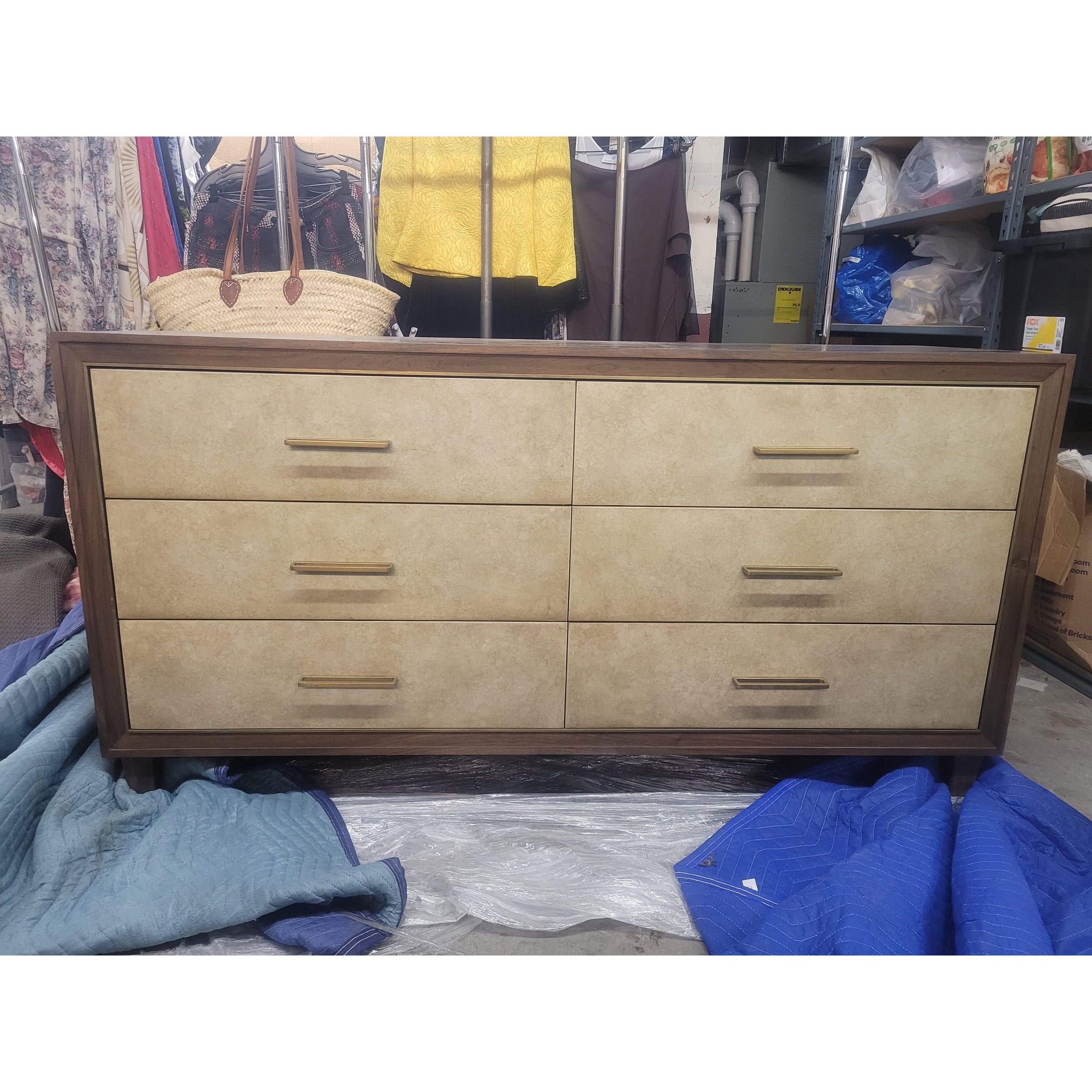 Parchment & Walnut 6-Drawer Dresser w/ Brass Hardware by WS